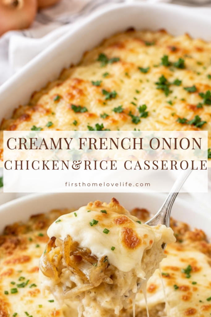 Creamy French Onion Chicken and Rice Casserole topped with melted cheese and caramelized onions. This easy chicken and rice casserole is a comforting family dinner recipe perfect for weeknights.