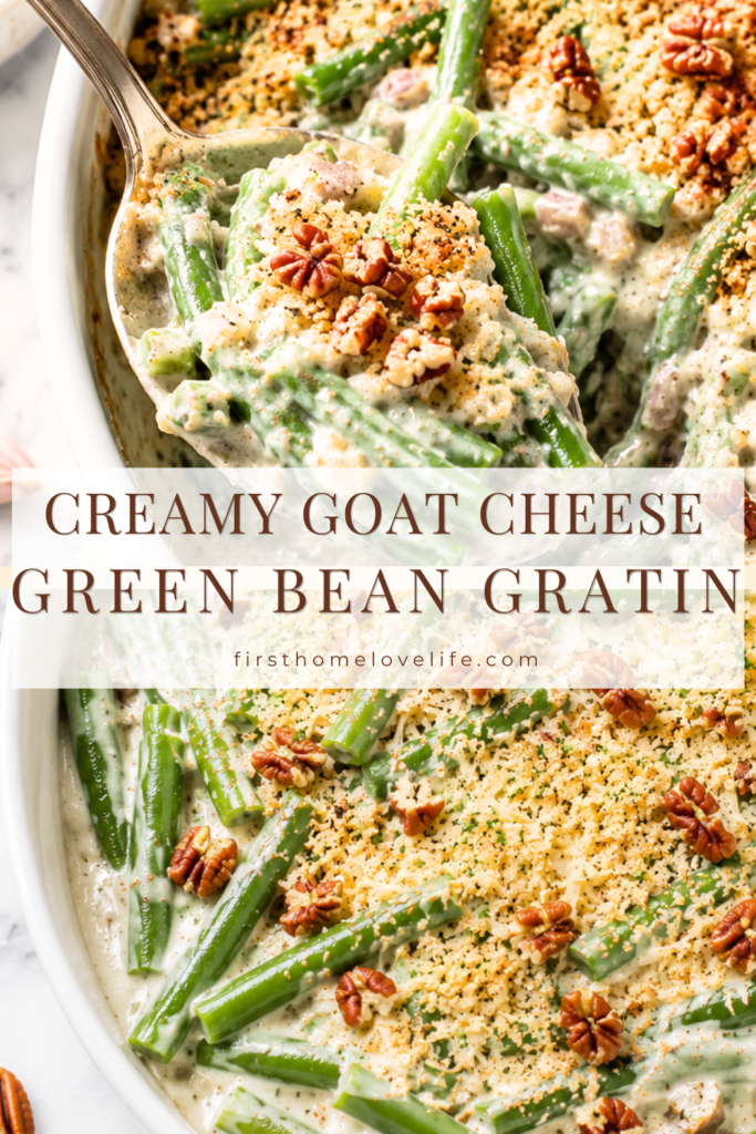 Spoon scooping creamy goat cheese green bean gratin topped with Parmesan breadcrumbs and pecans from a white baking dish.
