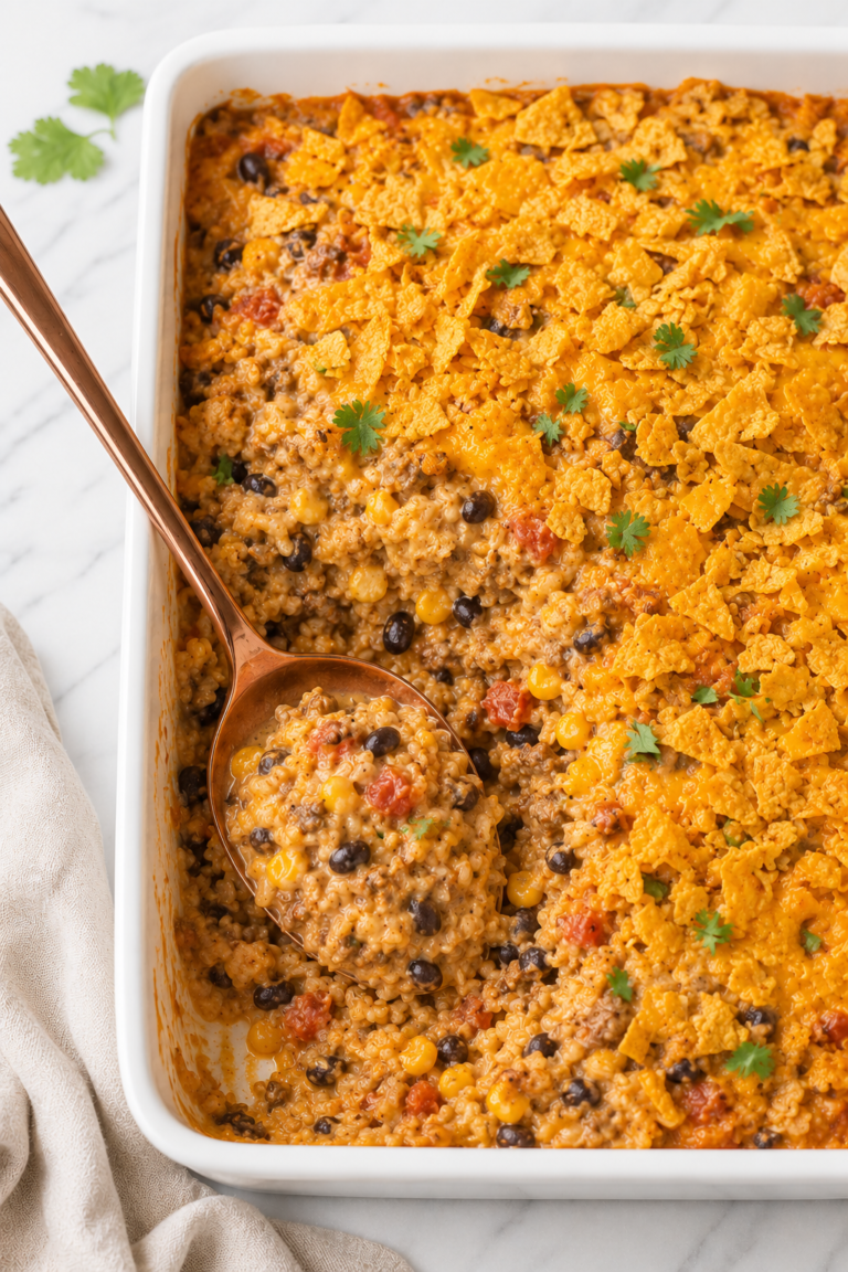 Creamy taco rice casserole with seasoned ground beef, black beans, corn, melted cheese, and crunchy crushed Doritos baked in a white casserole dish on a marble countertop.