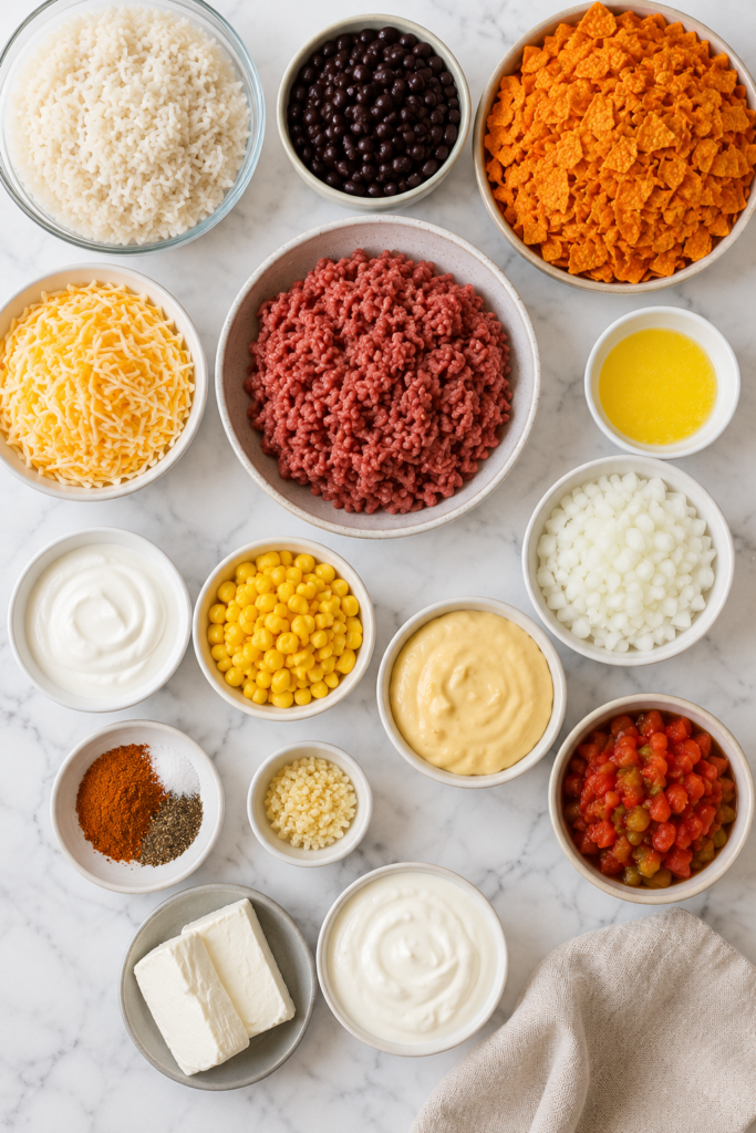 Flat lay of ingredients for creamy taco rice casserole including ground beef, rice, black beans, corn, cheese, sour cream, cream cheese, taco seasoning, Rotel tomatoes, onion, and Doritos on a white marble countertop.