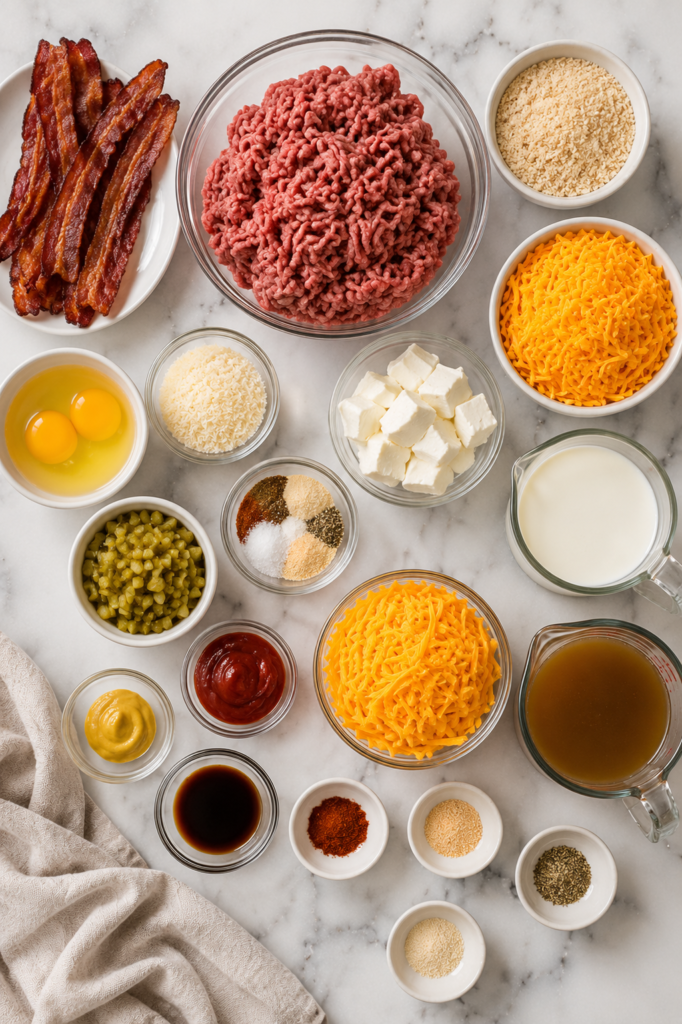 Flat lay of ingredients for Crockpot Bacon Cheeseburger Meatballs including ground beef, bacon, cheddar cheese, breadcrumbs, cream cheese, eggs, beef broth, ketchup, mustard, Worcestershire sauce, and seasonings.