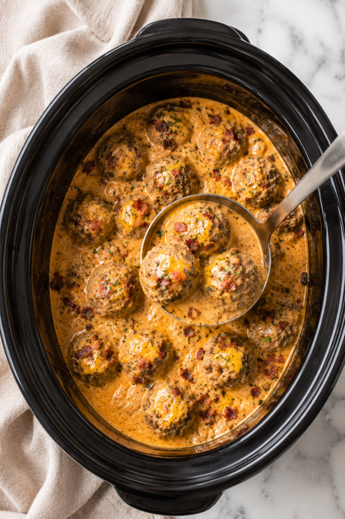 Overhead view of Crockpot Bacon Cheeseburger Meatballs in a creamy cheddar cheese sauce with crispy bacon, served in a slow cooker with a ladle lifting several meatballs.