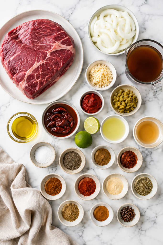 Flat lay of ingredients for Crockpot Beef Barbacoa including chuck roast, chipotle peppers in adobo, onions, garlic, beef broth, lime, apple cider vinegar, olive oil, tomato paste, green chilies, and Mexican spices on a white marble countertop.