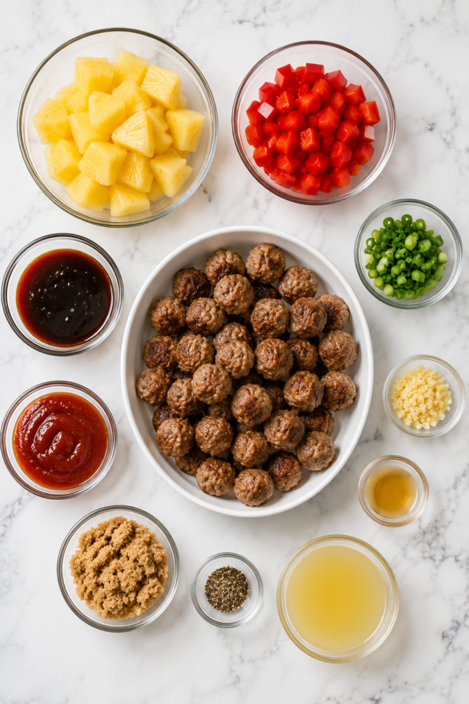 Flat lay of ingredients for Crockpot Hawaiian meatballs including frozen meatballs, pineapple chunks, barbecue sauce, bell peppers, brown sugar, soy sauce, and green onions on a white marble countertop.