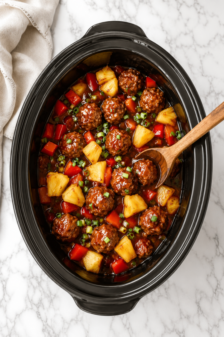 Bird's-eye view of Crockpot Hawaiian meatballs with pineapple chunks and sweet tangy sauce in an oval slow cooker on a white marble countertop.