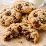 Homemade Crumbl style chocolate chip cookies on crinkled parchment paper with one cookie broken open to reveal a gooey chocolate center and a glass of milk in the background.
