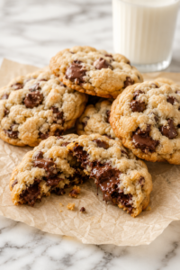 Homemade Crumbl style chocolate chip cookies on crinkled parchment paper with one cookie broken open to reveal a gooey chocolate center and a glass of milk in the background.