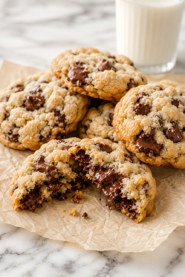 Homemade Crumbl style chocolate chip cookies on crinkled parchment paper with one cookie broken open to reveal a gooey chocolate center and a glass of milk in the background.