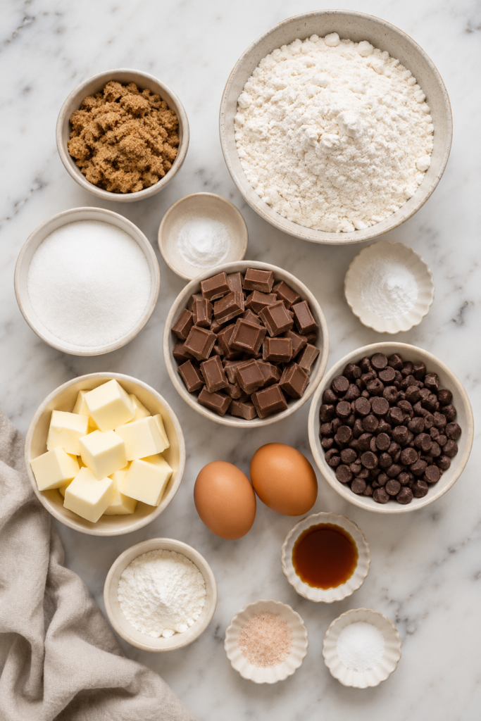 Flat lay of ingredients for homemade Crumbl style chocolate chip cookies including flour, butter, brown sugar, granulated sugar, eggs, vanilla, chocolate chips, chocolate chunks, baking soda, baking powder, cornstarch, and salt on a white marble countertop.