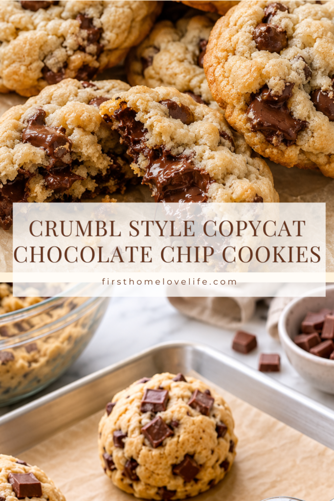 Pinterest pin featuring homemade Crumbl style copycat chocolate chip cookies with gooey melted chocolate centers and oversized cookie dough balls ready to bake.