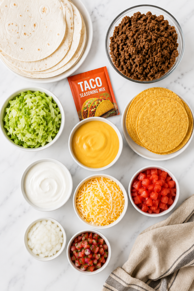 Flat lay of ingredients for Easy Crunchwrap Supreme Casserole including flour tortillas, tostada shells, seasoned ground beef, taco seasoning, nacho cheese sauce, sour cream, shredded cheese, lettuce, tomatoes, onions, and pico de gallo.