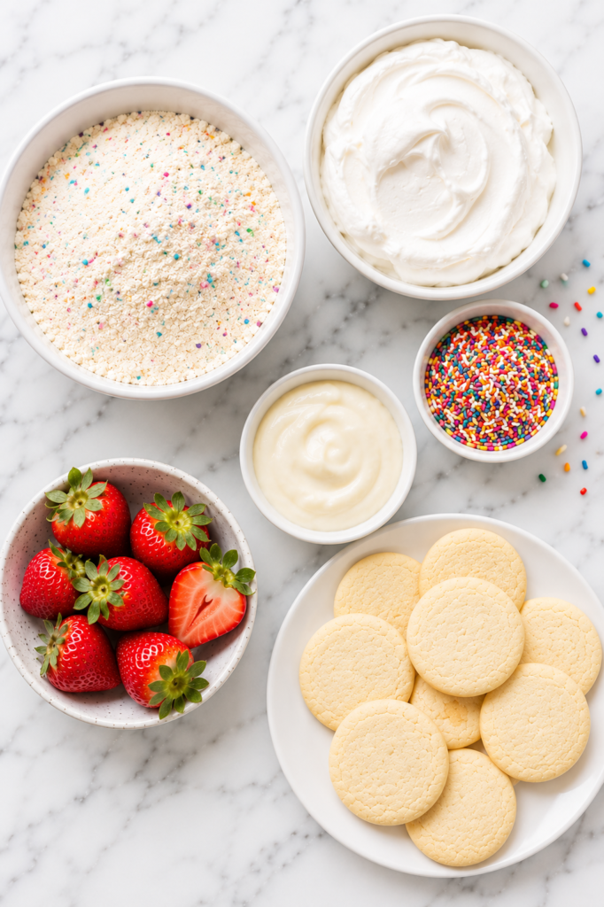 Flat lay of Dunkaroo dip ingredients including Funfetti cake mix, whipped topping, vanilla yogurt, rainbow sprinkles, fresh strawberries, and sugar cookies on a white marble countertop.