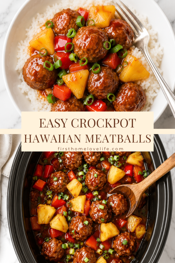 Collage featuring Crockpot Hawaiian meatballs served over rice and in a slow cooker with pineapple chunks, bell peppers, and sweet tangy sauce.
