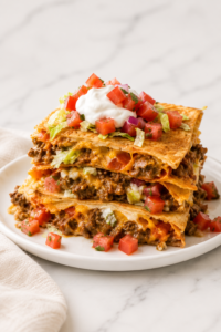 Easy Crunchwrap Supreme Casserole stacked on a white plate with seasoned ground beef, melted cheese, sour cream, and fresh pico de gallo on a marble countertop.