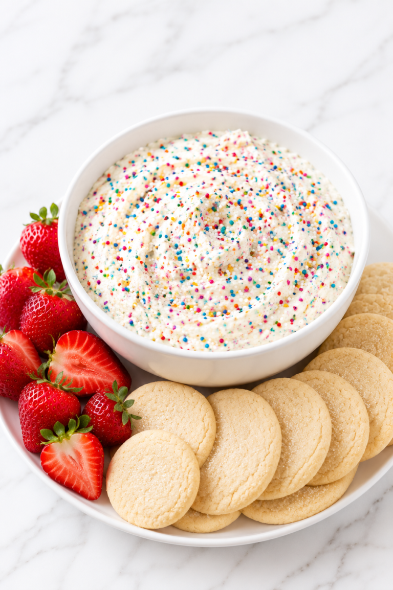 Creamy homemade Dunkaroo dip topped with colorful rainbow sprinkles in a white bowl, served with soft sugar cookies and fresh strawberries on a white marble countertop.
