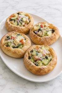 Rustic homemade bread bowls filled with Olive Garden-style salad featuring crisp lettuce, cucumbers, tomatoes, black olives, red onion, croutons, and grated Parmesan cheese served on a white platter over a marble countertop.