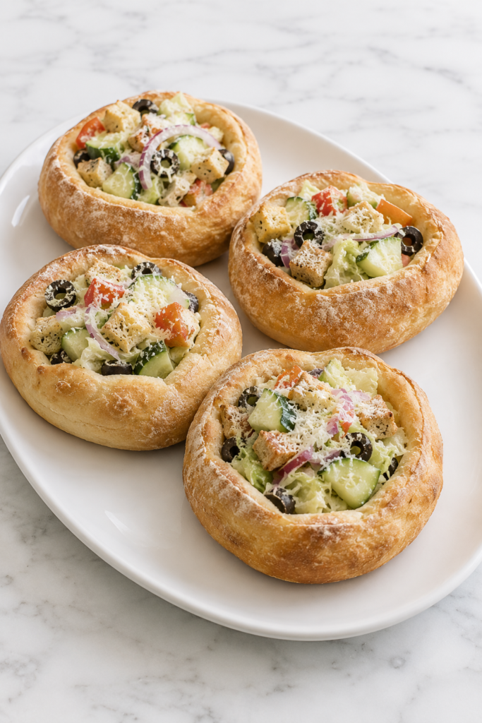 Rustic homemade bread bowls filled with Olive Garden-style salad featuring crisp lettuce, cucumbers, tomatoes, black olives, red onion, croutons, and grated Parmesan cheese served on a white platter over a marble countertop.