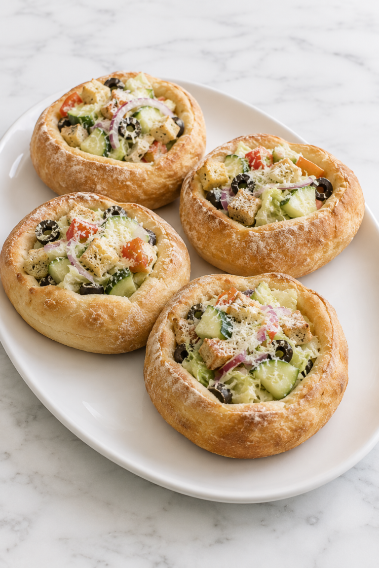 Rustic homemade bread bowls filled with Olive Garden-style salad featuring crisp lettuce, cucumbers, tomatoes, black olives, red onion, croutons, and grated Parmesan cheese served on a white platter over a marble countertop.