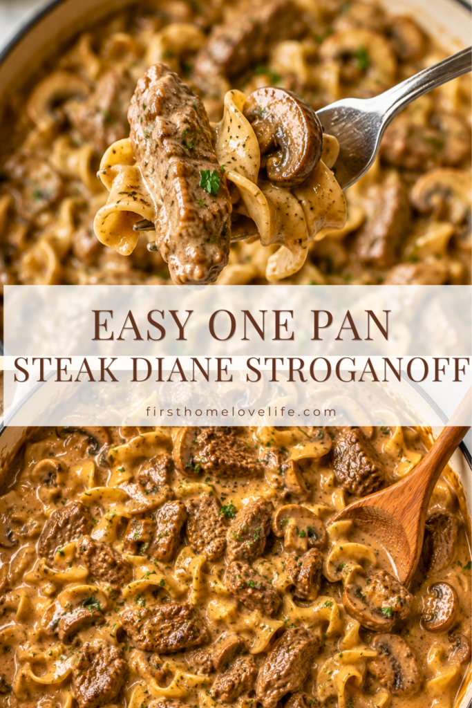 Fork holding tender steak, creamy egg noodles, and mushrooms above a skillet filled with rich One Pan Steak Diane Stroganoff on a marble countertop.