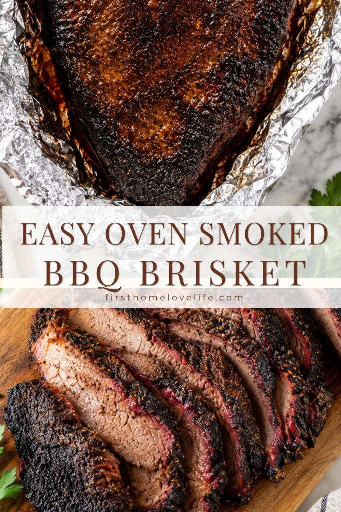 Easy oven smoked BBQ brisket with a dark smoky bark and juicy sliced brisket on a wooden cutting board.