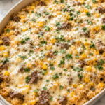 Elote steak and rice casserole baked with tender steak bites, creamy Mexican street corn, melted cheese, and fresh cilantro in a casserole dish.