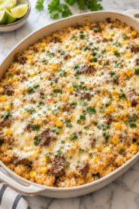 Elote steak and rice casserole baked with tender steak bites, creamy Mexican street corn, melted cheese, and fresh cilantro in a casserole dish.