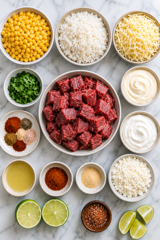 Flat lay of ingredients for Elote Steak and Rice Casserole including steak cubes, corn, rice, Monterey Jack cheese, cotija cheese, sour cream, mayonnaise, cilantro, lime juice, spices, Tajin, and fresh limes on a marble countertop.