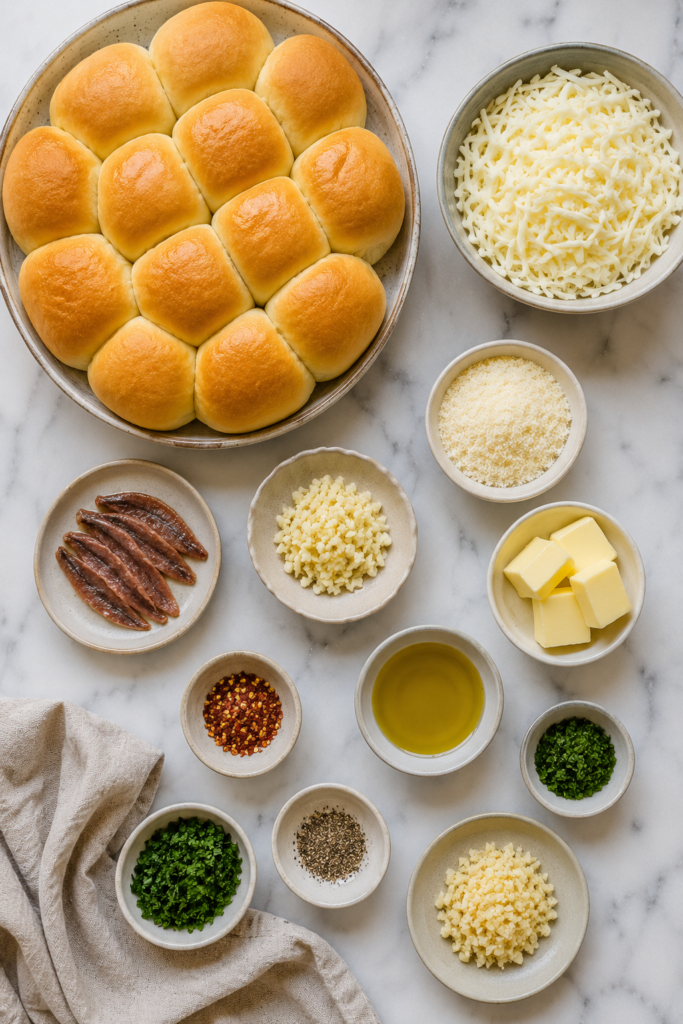 Flat lay of ingredients for extra garlic and cheesy bagna cauda rolls including dinner rolls, mozzarella cheese, Parmesan cheese, anchovies, garlic, butter, olive oil, parsley, and seasonings on a white marble countertop.