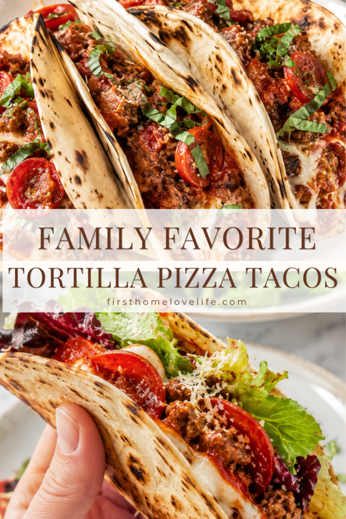 Hand holding a crispy tortilla pizza taco loaded with seasoned ground beef, melted mozzarella, pepperoni, pizza sauce, and fresh Italian salad greens with Parmesan cheese on a white marble countertop.