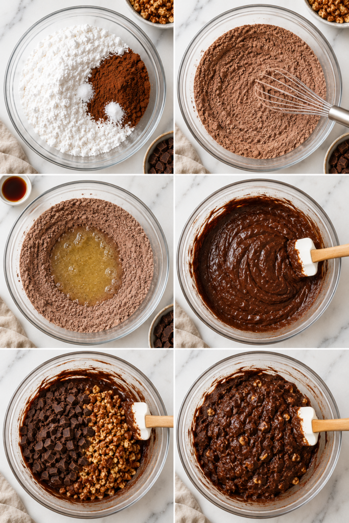 Step-by-step process of making flourless chocolate pecan brownie cookie batter in a glass mixing bowl with cocoa powder, powdered sugar, egg whites, chopped chocolate, and toasted pecans.