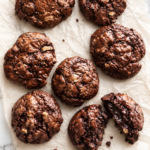 Flourless chocolate pecan brownie cookies on wrinkled parchment paper over a marble countertop with one cookie split open showing a rich, gooey fudgy chocolate center.