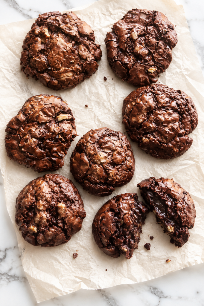 Flourless chocolate pecan brownie cookies on wrinkled parchment paper over a marble countertop with one cookie split open showing a rich, gooey fudgy chocolate center.