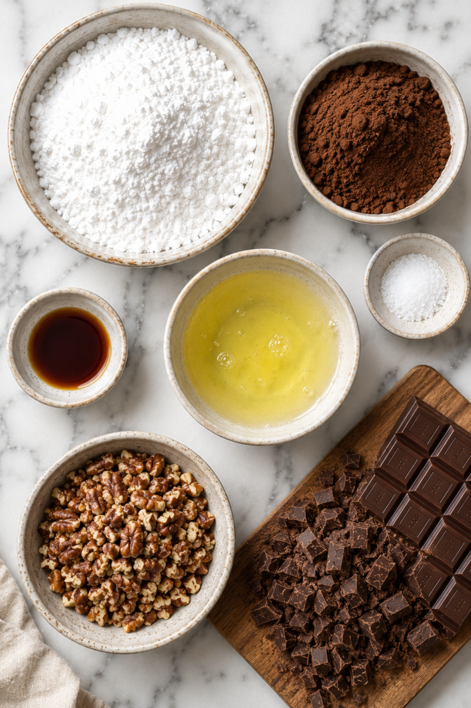 Flat lay of ingredients for flourless chocolate pecan brownie cookies including powdered sugar, cocoa powder, egg whites, vanilla extract, toasted pecans, salt, and chopped semi-sweet chocolate on a marble countertop.