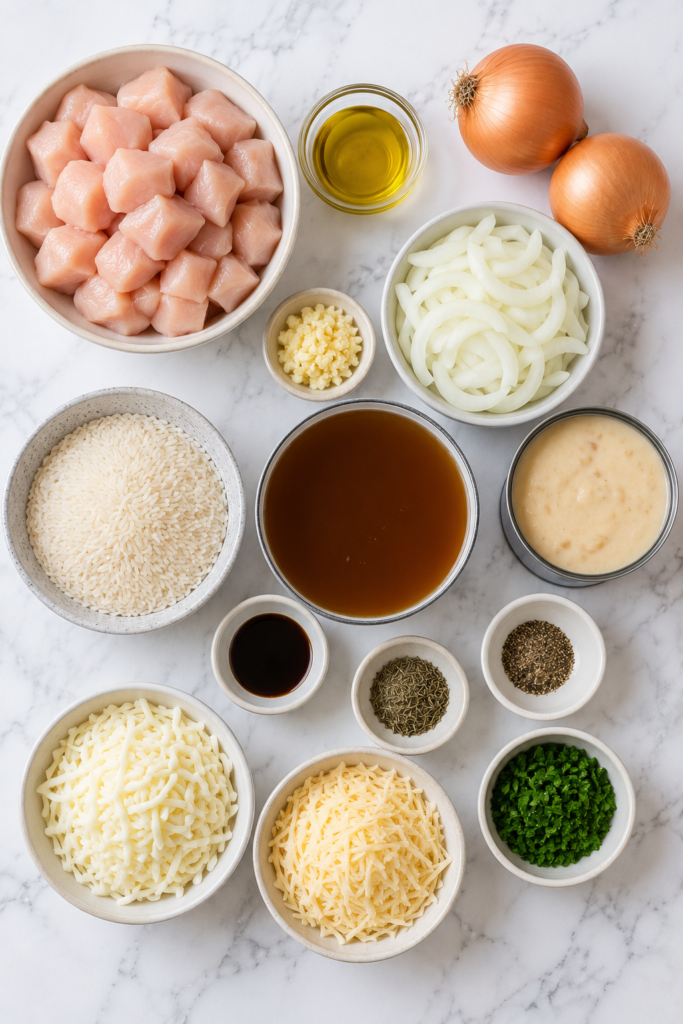 Flat lay of ingredients for French onion chicken and rice casserole including chicken breast, onions, rice, beef broth, cream of chicken soup, cheese, garlic, and seasonings on a white marble countertop.