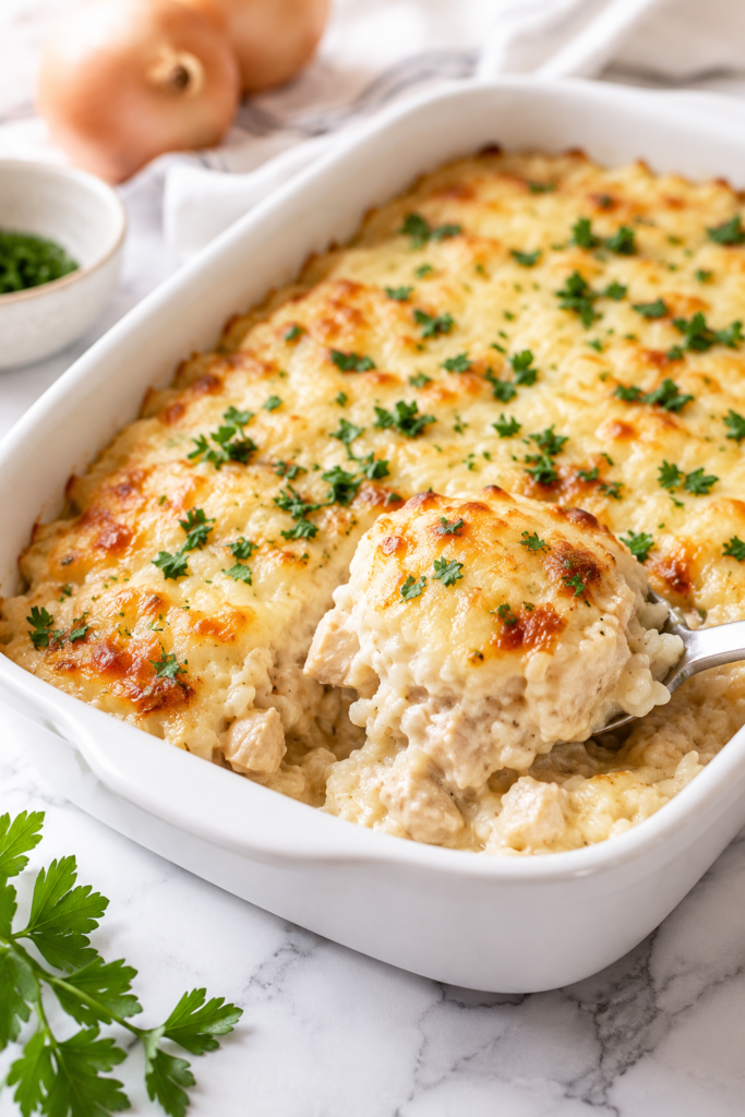 French onion chicken and rice casserole baked with caramelized onions, creamy rice, tender chicken, and melted Gruyere cheese in a white casserole dish.