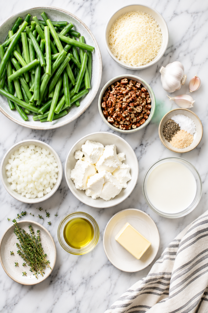 Flat lay of ingredients for green bean goat cheese gratin including fresh green beans, goat cheese, Parmesan cheese, pecans, garlic, onion, heavy cream, olive oil, salt, and pepper on a marble countertop.