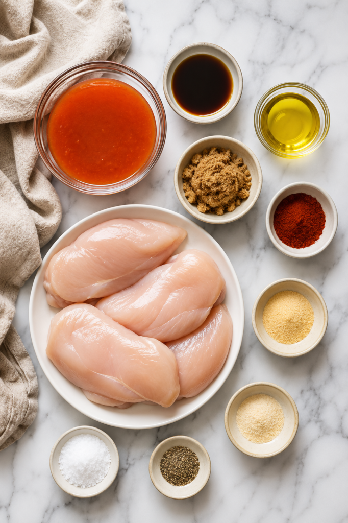 Flat lay of ingredients for grilled Catalina dressing chicken including raw chicken breasts, Catalina dressing, Worcestershire sauce, olive oil, brown sugar, garlic powder, onion powder, smoked paprika, salt, and black pepper on a marble countertop.