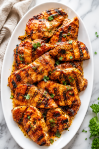 Juicy grilled Catalina dressing chicken on a white serving platter with caramelized grill marks on a marble countertop.