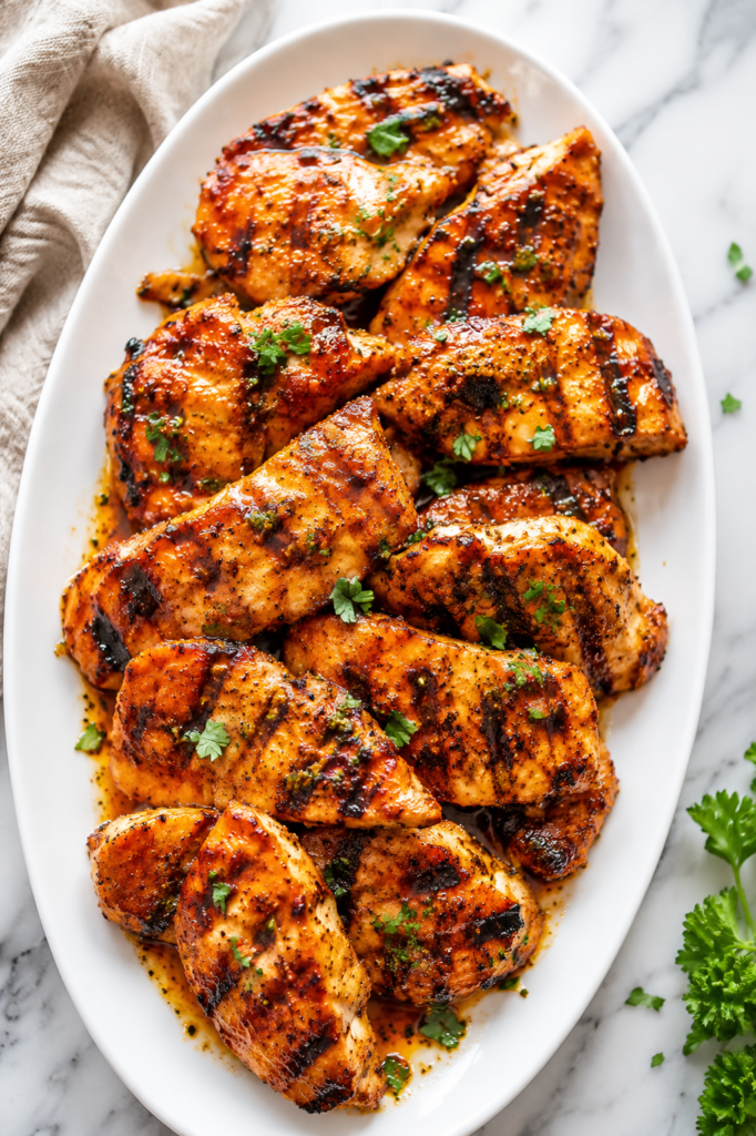 Juicy grilled Catalina dressing chicken on a white serving platter with caramelized grill marks on a marble countertop.