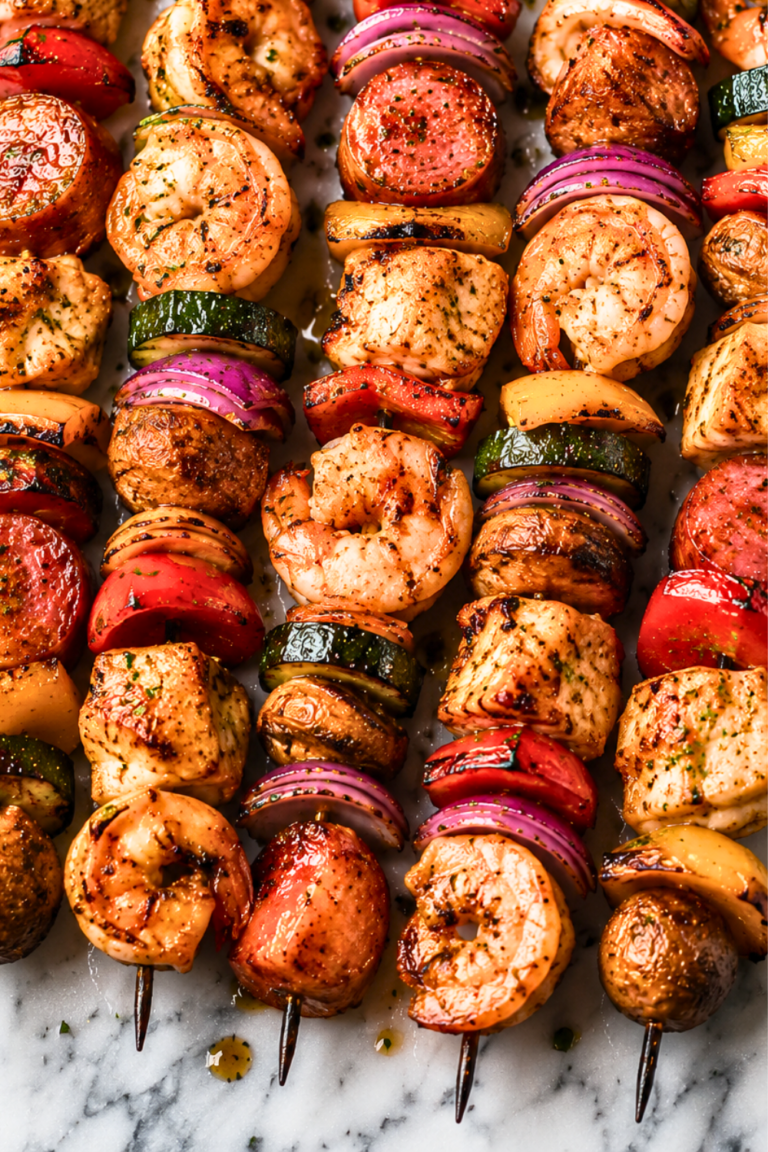 Grilled jambalaya kabobs with Cajun-seasoned chicken, shrimp, andouille sausage, bell peppers, onions, zucchini, and mushrooms on a white marble countertop.