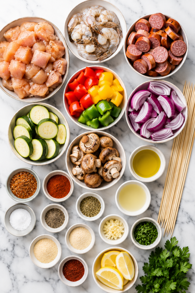 Flat lay of ingredients for grilled jambalaya kabobs including chicken, shrimp, andouille sausage, bell peppers, red onion, zucchini, mushrooms, Cajun seasoning, garlic, olive oil, and lemons on a marble countertop.
