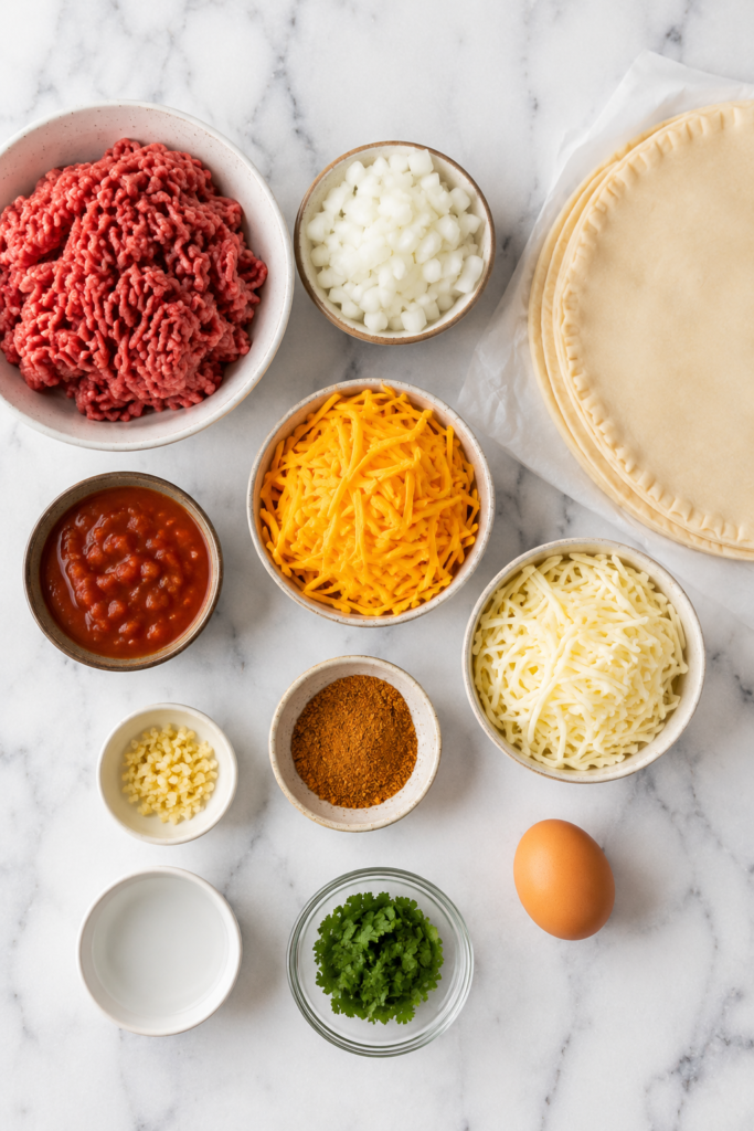 Flat lay of ingredients for homemade ground beef taco hot pockets including ground beef, shredded cheese, taco seasoning, salsa, pie crust, onion, garlic, and egg on a white marble countertop.