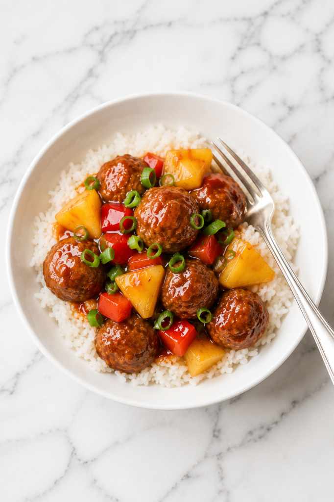 White bowl of Hawaiian meatballs served over rice with pineapple chunks and bell peppers on a white marble countertop with a fork.