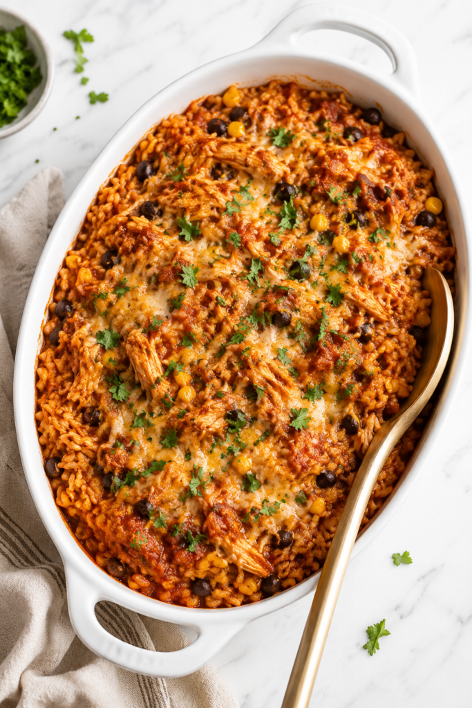 Chicken Tinga Rice Casserole baked with shredded chicken, Mexican rice, black beans, corn, melted cheese, and fresh cilantro in a white oval casserole dish.