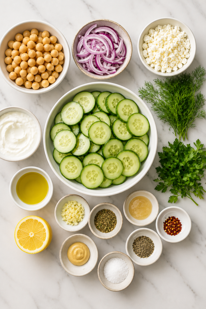 Overhead flat lay of cucumbers, chickpeas, feta, Greek yogurt, red onion, fresh dill, parsley, garlic, lemon, olive oil, Dijon mustard, and seasonings arranged on a marble countertop for a high protein creamy cucumber salad recipe.