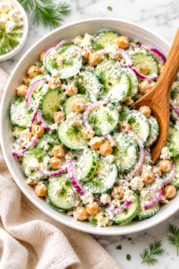 White bowl of high protein creamy cucumber salad with chickpeas, feta cheese, red onions, and fresh dill in a Greek yogurt dressing on a marble countertop.
