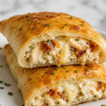 Homemade chicken bacon ranch hot pockets on a white plate with flaky golden crust, creamy ranch filling, chicken, bacon, melted cheese, and fresh chives on a marble countertop.