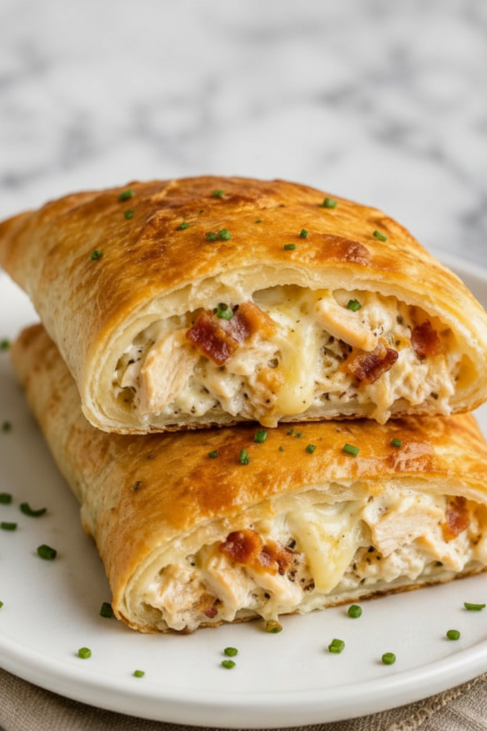 Homemade chicken bacon ranch hot pockets on a white plate with flaky golden crust, creamy ranch filling, chicken, bacon, melted cheese, and fresh chives on a marble countertop.