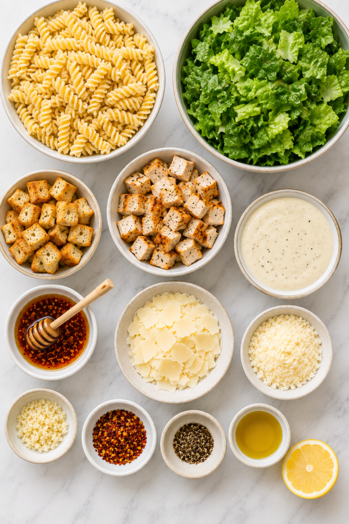 Flat lay of ingredients for Hot Honey Chicken Caesar Pasta Salad including rotini pasta, romaine lettuce, grilled chicken, Caesar dressing, Parmesan cheese, croutons, hot honey with chili flakes, olive oil, lemon, and seasonings on a white marble surface.