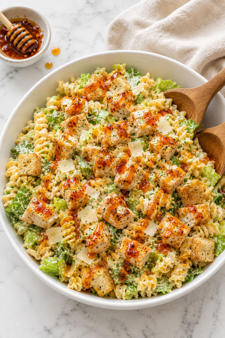 The Best Hot Honey Chicken Caesar Pasta Salad